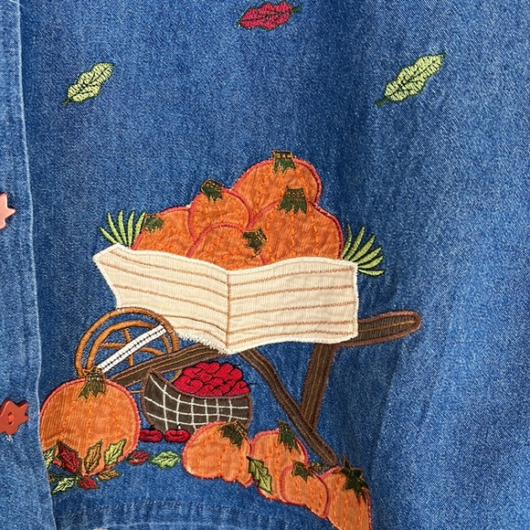 Tantrums Vintage, Autumn Fall Thanksgiving Embroidered Detail, Denim Shacket Top - Picture 3 of 12